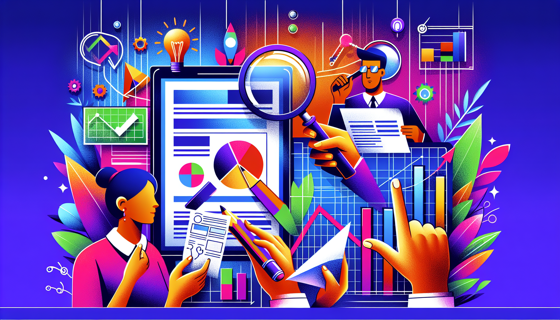 A vibrant and contemporary illustration showcasing 5 tips on finding the perfect web designer. 1) A magnifying glass hovering over a blueprint of a website, signifying careful examination. 2) Two hands exchanging a paper with web wireframe, indicating clear communication. 3) A South Asian woman with a pencil behind her ear and a diagonal arrow pointing upwards, denoting continuous learning and improvement. 4) A Middle-Eastern man and a Caucasian woman watching a webinar on a huge screen, illustrating the importance of up-to-date industry knowledge. 5) A colorful histogram representing the improvement in website analytics after hiring a skilled web designer.