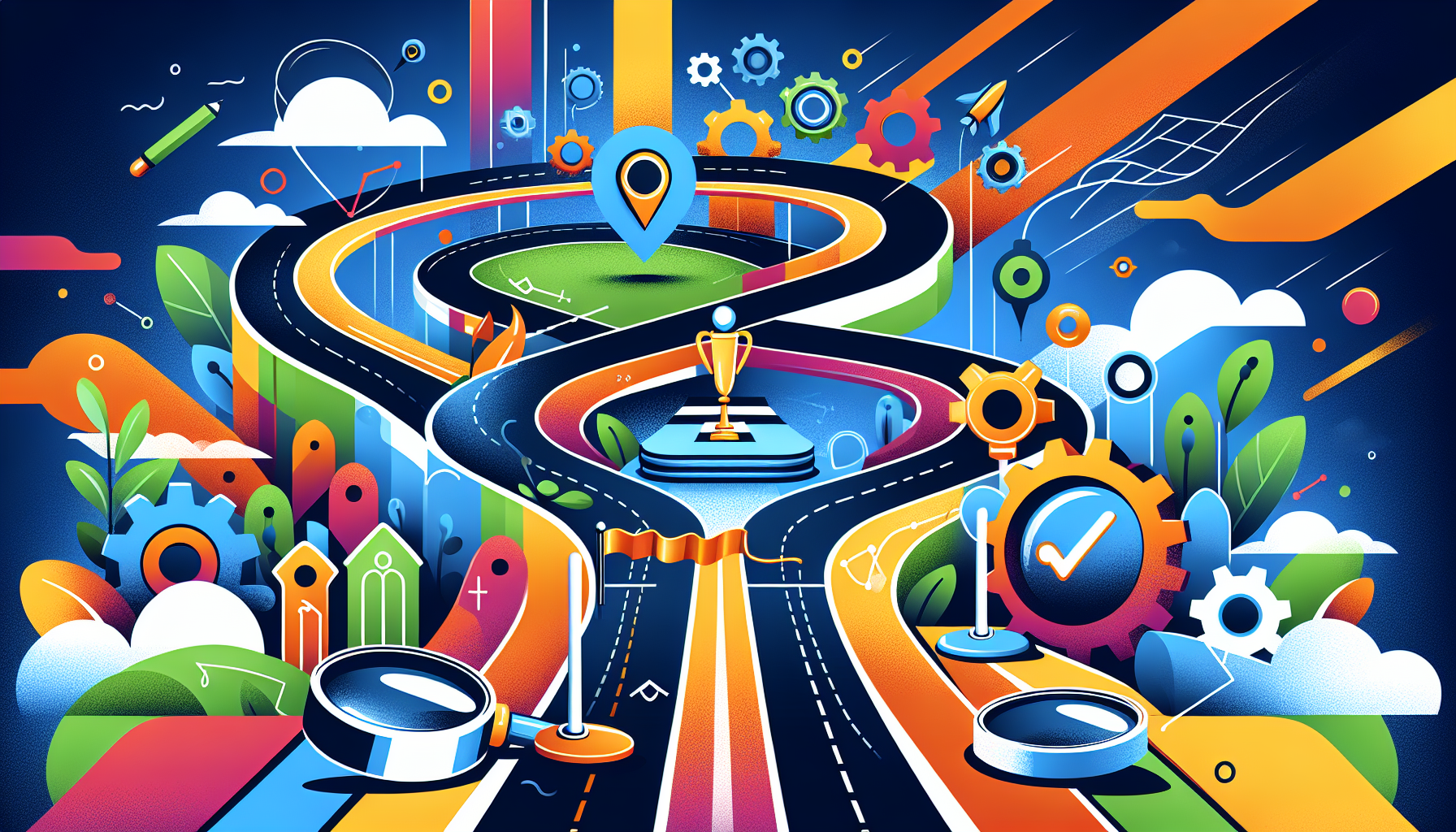 An abstract, vibrant, and modern-colored illustration that depicts the concept of boosting SEO and staying ahead of the competition. The design should feature symbolic elements like a racing track with hurdles (representing the competitive landscape), podium (success), magnifying glass (research), and gears (strategy optimization).
