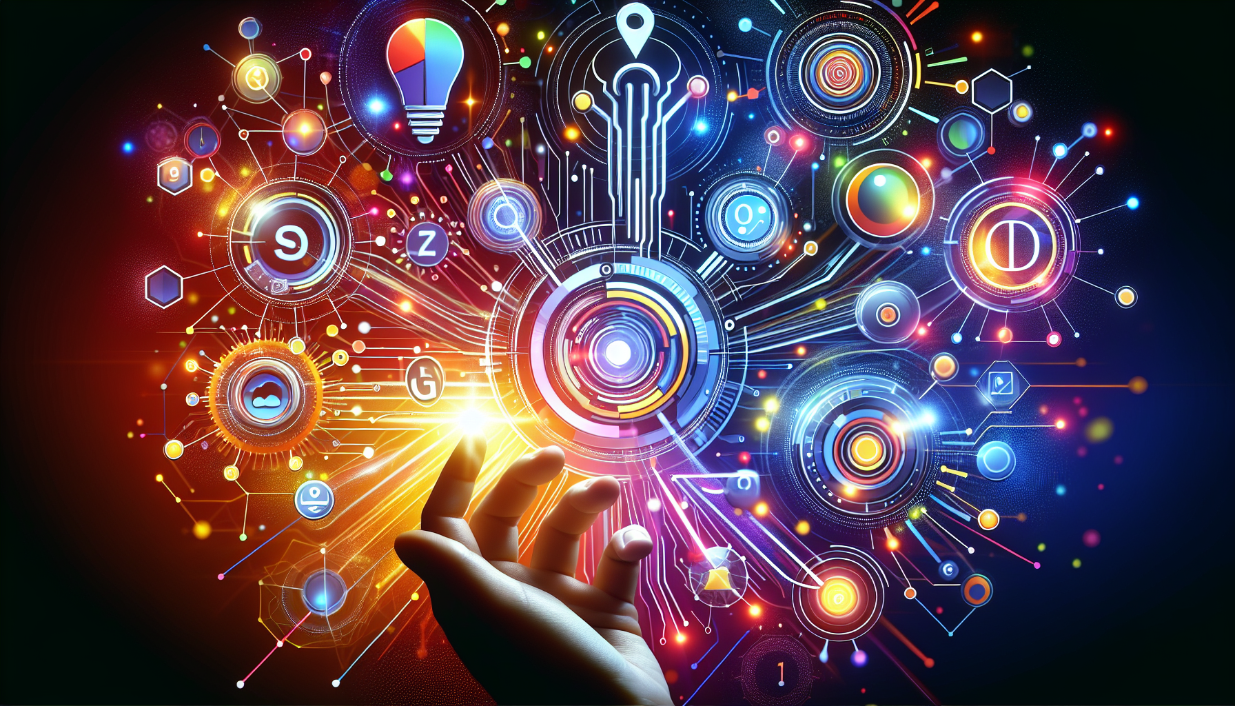 A bright and futuristic illustration showcasing the concept of SEO aiding business growth. The image visually represent five key factors, perhaps as symbolic elements or metaphors connected by a digital thread. It gives a feel of optimism and advancement, with colors adding vibrancy.