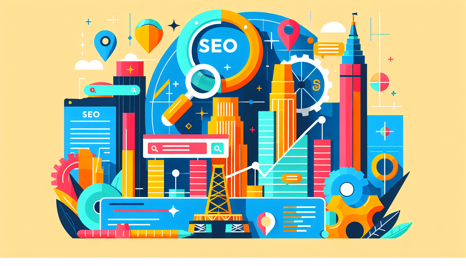 a modern illustration depicting the concept of SEO strategies specifically catered for Tulsa-based businesses-relevant symbols of SEO such as magnifying glasses on search bars, website rankings, and detailed analytics charts