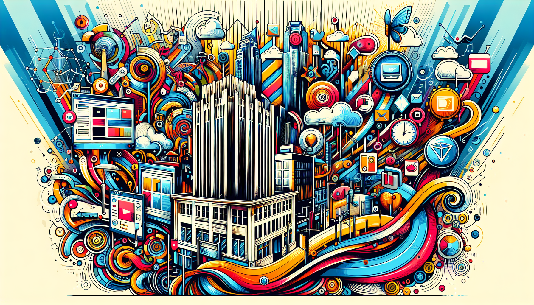 a vibrant, detailed and modern illustration showcasing the best of web design in the city of Tulsa-innovative, technology-driven nature of the city-illustration also captures key digital design elements that are intertwined with recognizable architectural landmarks of Tulsa, creating a perfect fusion of tradition and innovation