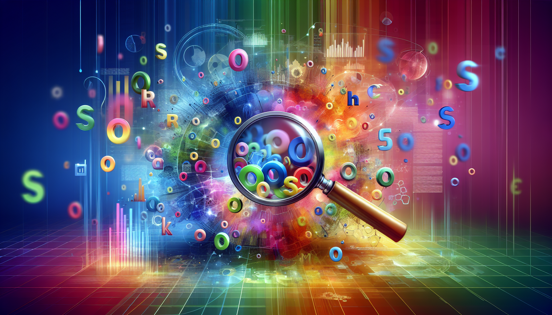 A vibrant, contemporary digital artwork illustrating the concept of keyword optimization for website marketing. Central to the image is a magnifying glass zooming into a cluster of floating, colorful keywords. Surrounding this main concept, there are visual depictions of multi-colored graphs, charts, and digital devices, symbolic of data analysis, trends, and marketing. The background is a dynamic blend of soft gradients, giving the image a modern and sleek appeal. This image should not contain any words or texts.