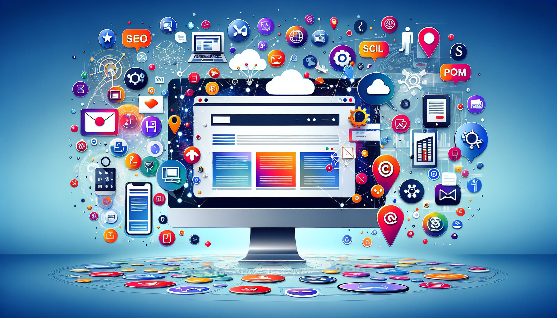 A digital illustration showcasing the integration of website design and digital marketing strategies. Picture of a large screen depicting a well-designed and user-friendly website. Around the screen, there are floating, colorful, and modern icons symbolizing digital marketing strategies such as SEO, social media, email marketing, pay per click, and content marketing. The illustration conveys a sense of synchronization and synergy between the website design and the use of different marketing techniques.