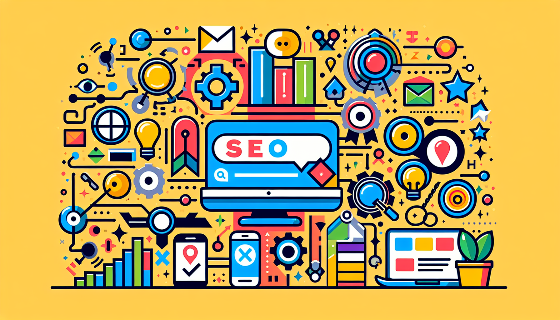 a modern and colorful illustration that visually explains the basics of Search Engine Optimization (SEO). The picture include symbols representative of search bars, website rankings, keywords, backlinks, and the process of optimizing web content. An image without any text, only visual elements to convey the basics of SEO.